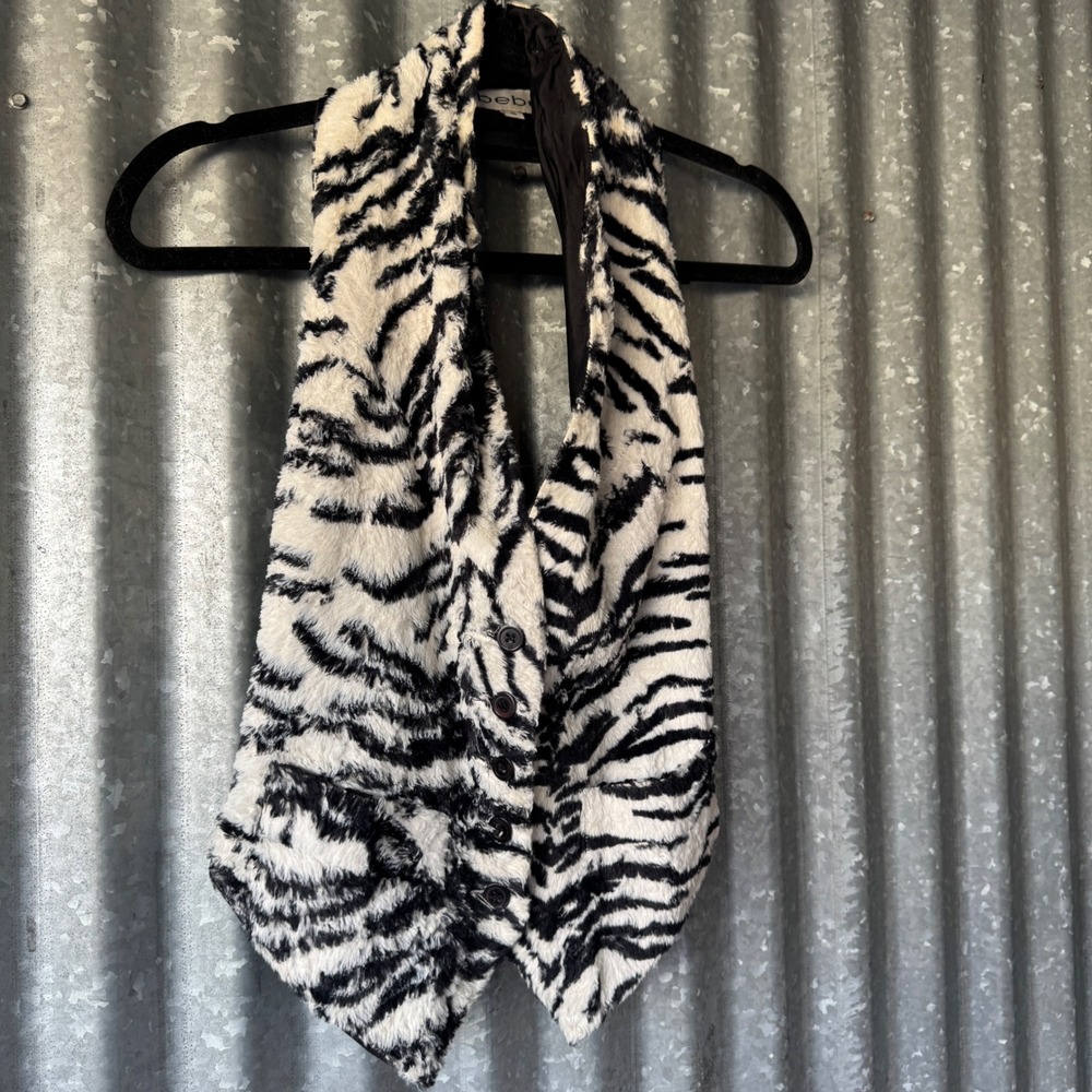 Vintage Bebe Zebra Faux Fur Halter Vest Black White Y2K Festival Made USA Small